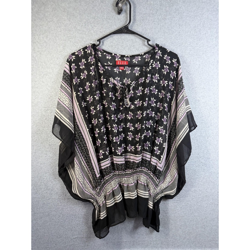 Elle Kimono Blouse Womens Medium Black Floral Sheer Boho Elastic Waist Top